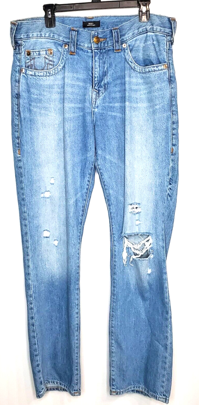 True Religion Brand Mens Jeans Ricky Relaxed Straight Leg SZ 34 Blue Distressed